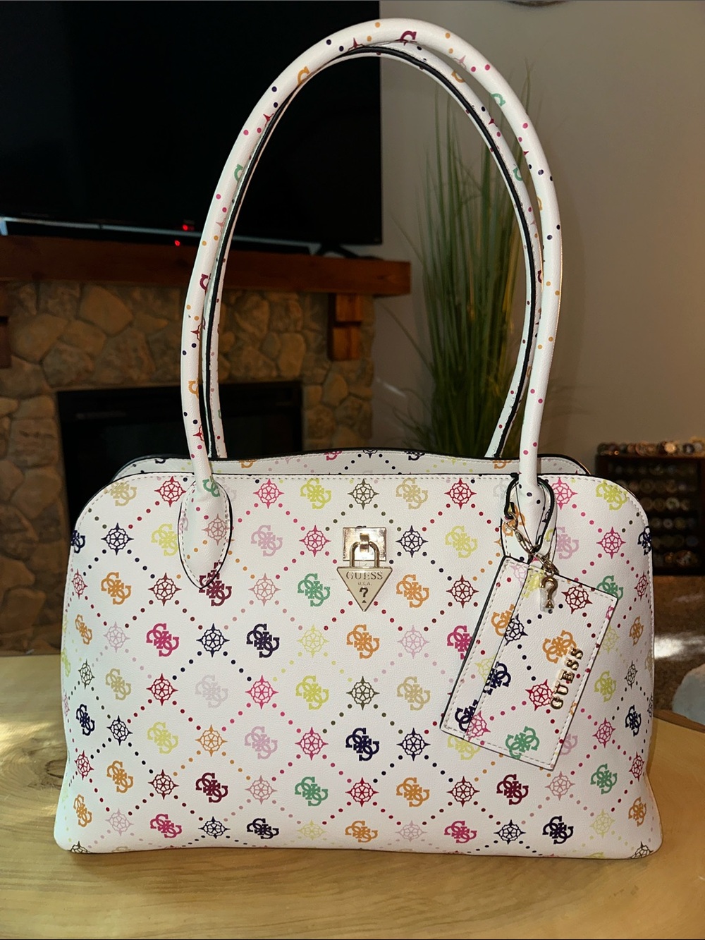 Guess Multicolor Logo Print large Satchel/Tote - White w/multicolor prints.NWOT